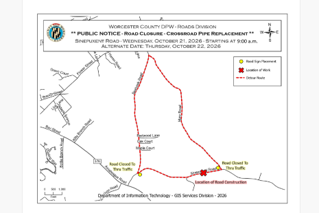 Traffic Alert: A portion of Sinepuxent Road to be closed October 21